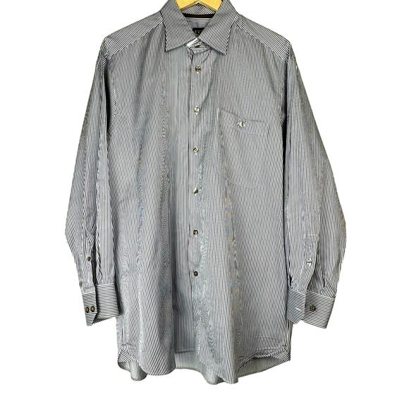 IKE BEHAR Blue White Brown Striped Button Down Shirt Size Large Men's Career - Picture 1 of 13
